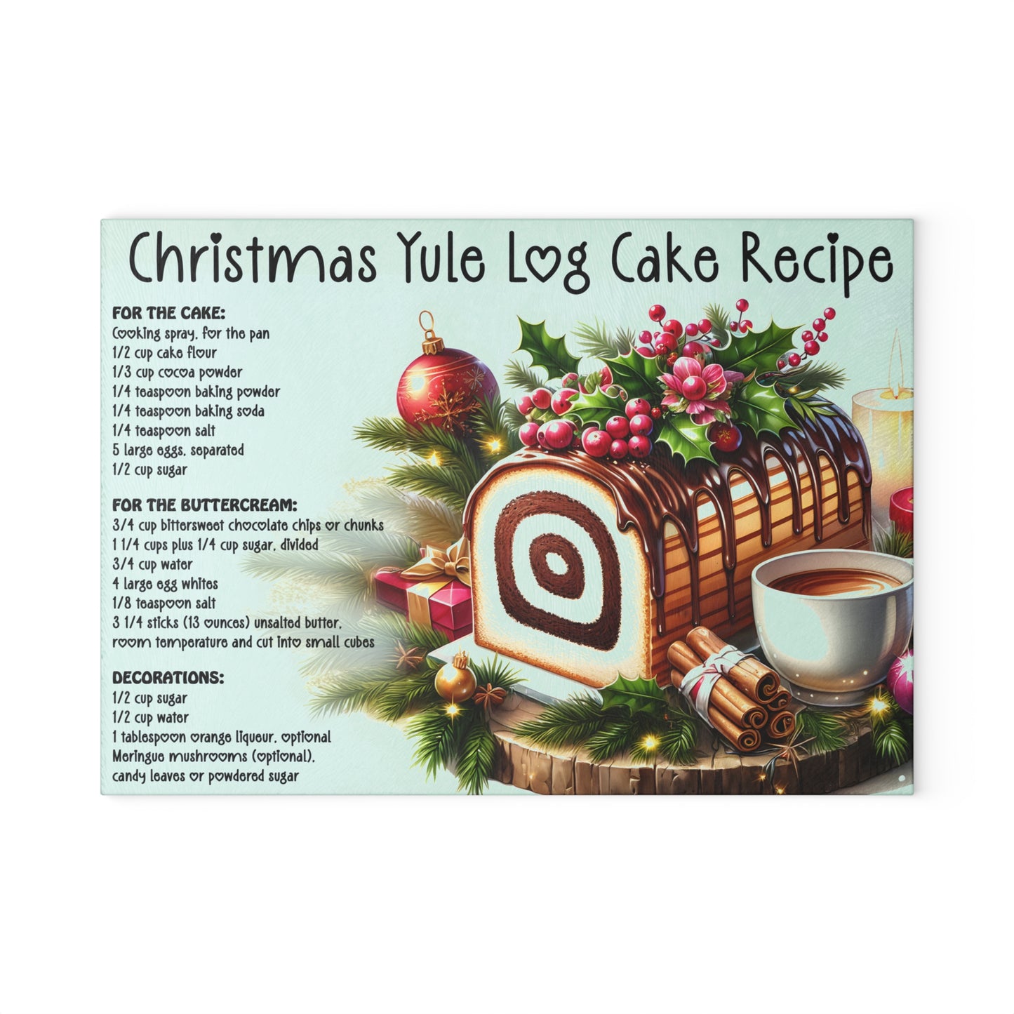 🎄🍰 Christmas Yule Log Cake Recipe Cutting Board – Festive Recipe Art for Your Holiday Kitchen