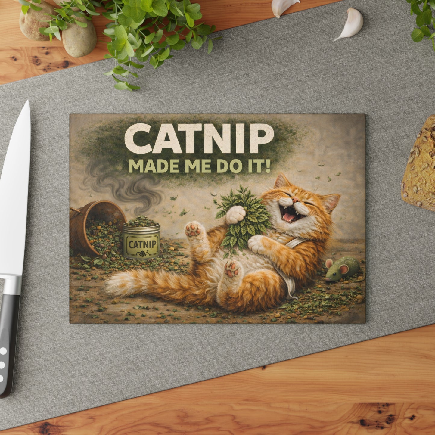 Catnip Made Me Do It Glass Cutting Board – Funny Cat Kitchen Art
