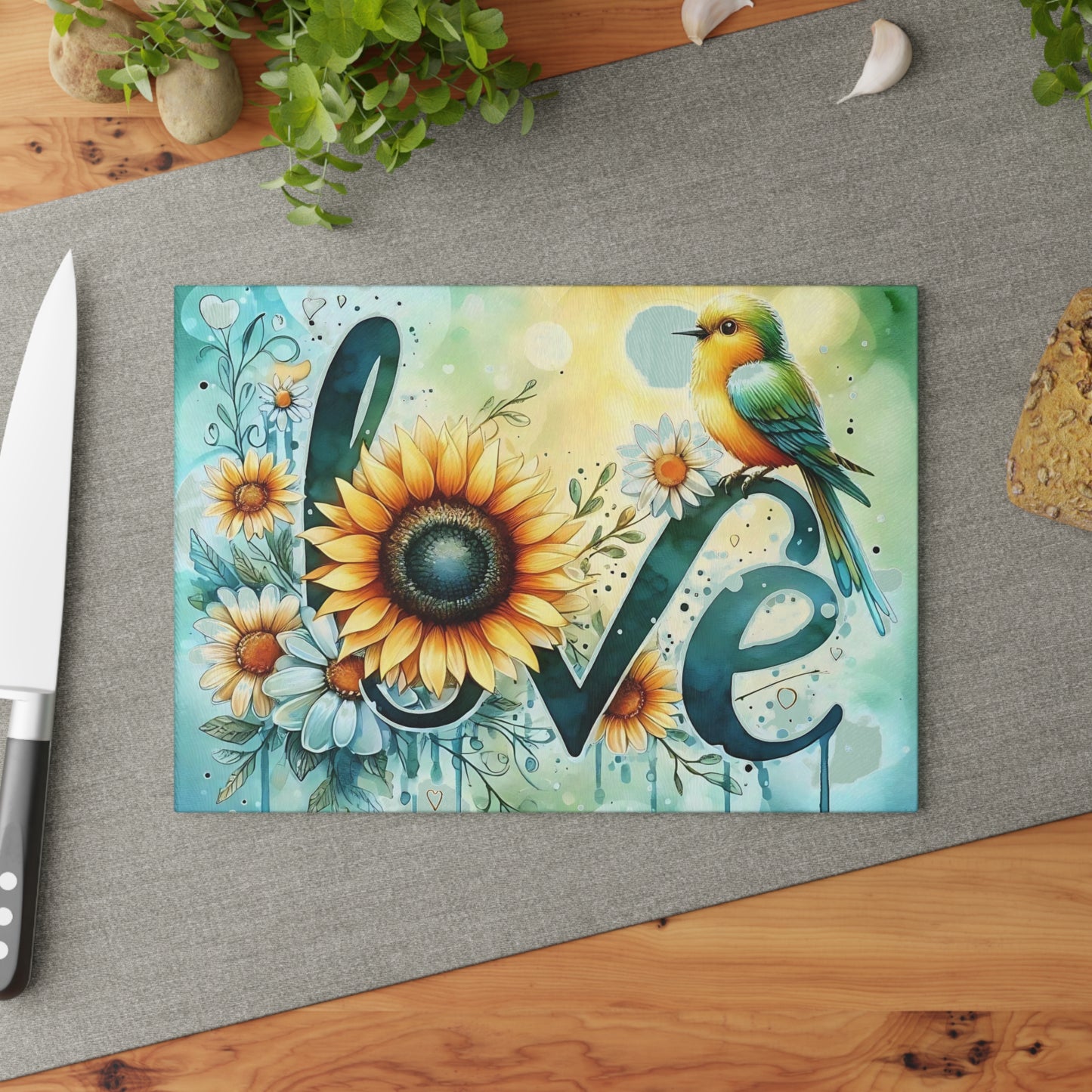 Tabla de cortar Love con diseño de pájaro y girasol