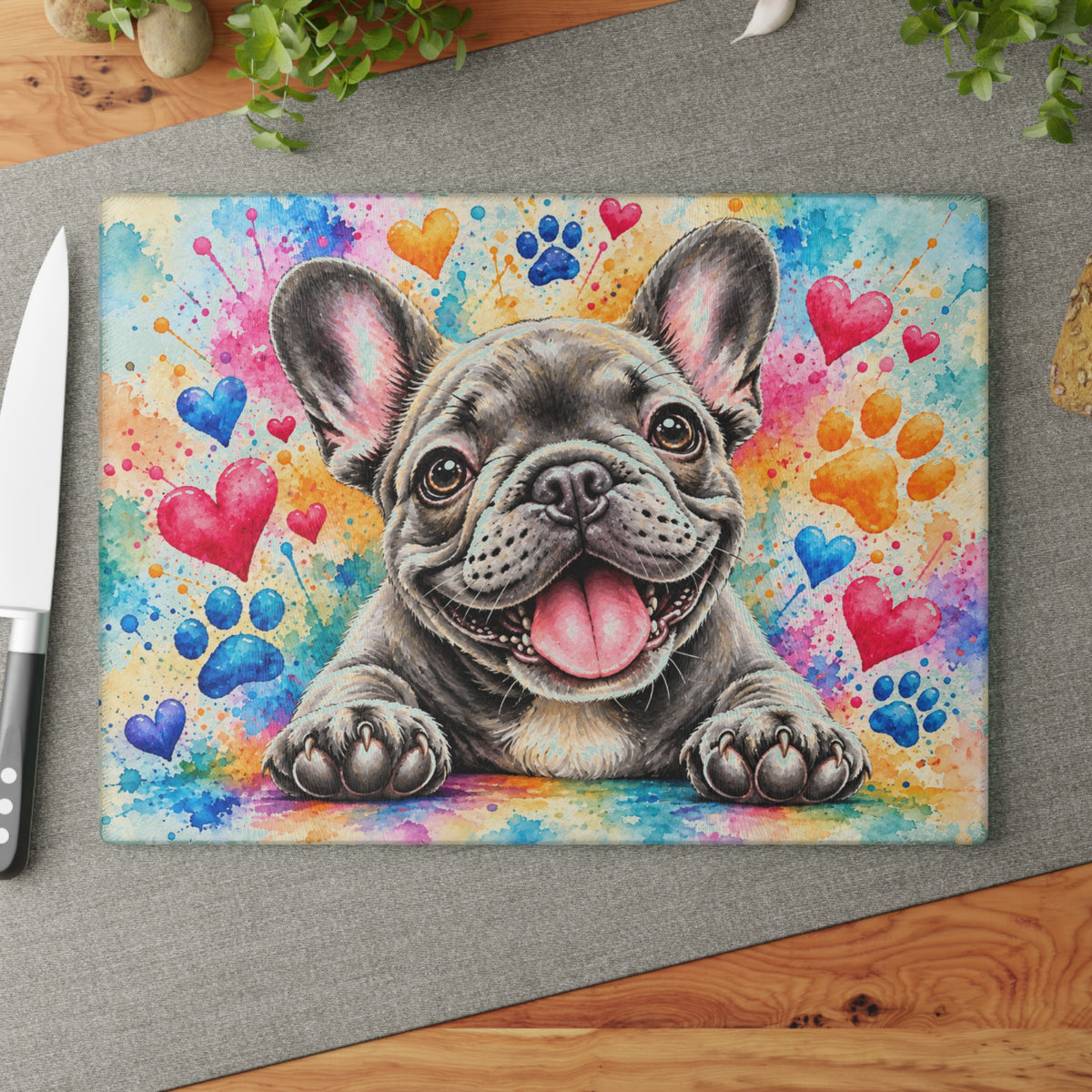 Adorable French Bulldog Tempered Glass Cutting Board – Colorful Watercolor Puppy with Hearts and Paw Prints – 11 × 15 Inches