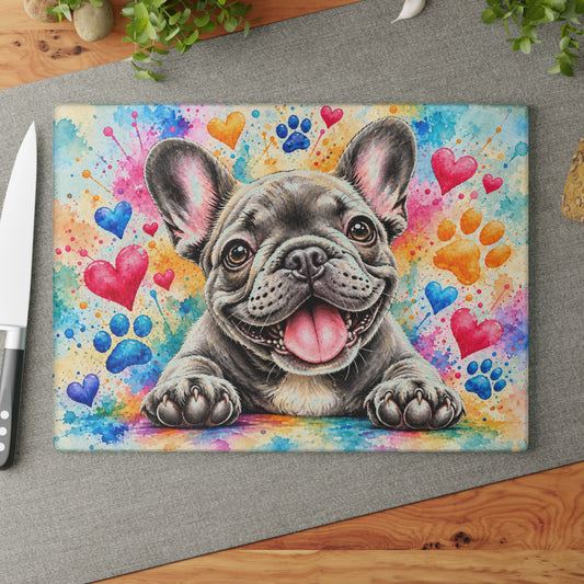 Adorable French Bulldog Tempered Glass Cutting Board – Colorful Watercolor Puppy with Hearts and Paw Prints – 11 × 15 Inches