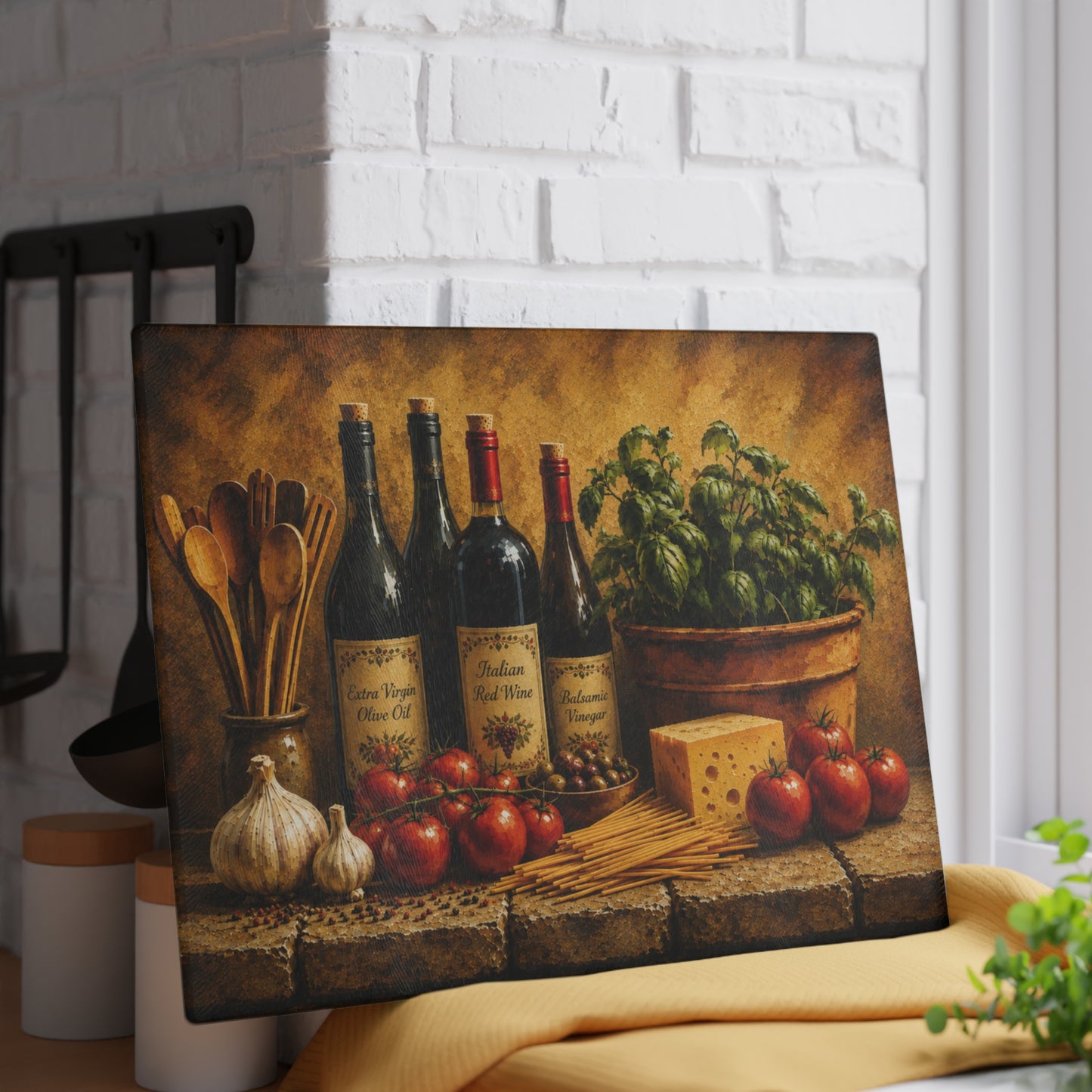 Tuscan Italian Kitchen Glass Cutting Board – Olive Oil, Red Wine, Balsamic Vinegar, Basil & Tomato Decor
