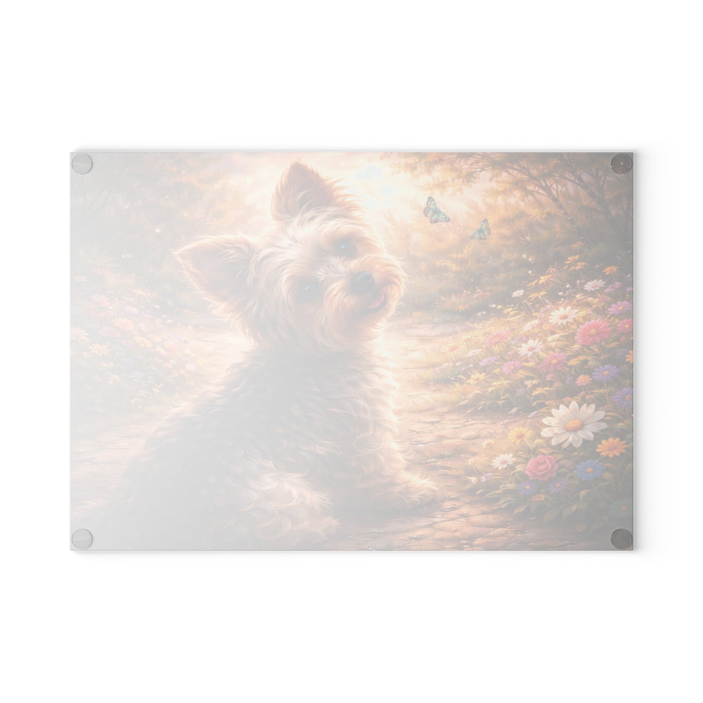 Whimsical Yorkshire Terrier Garden Glass Cutting Board – Personalized Dog Lover Floral Artwork