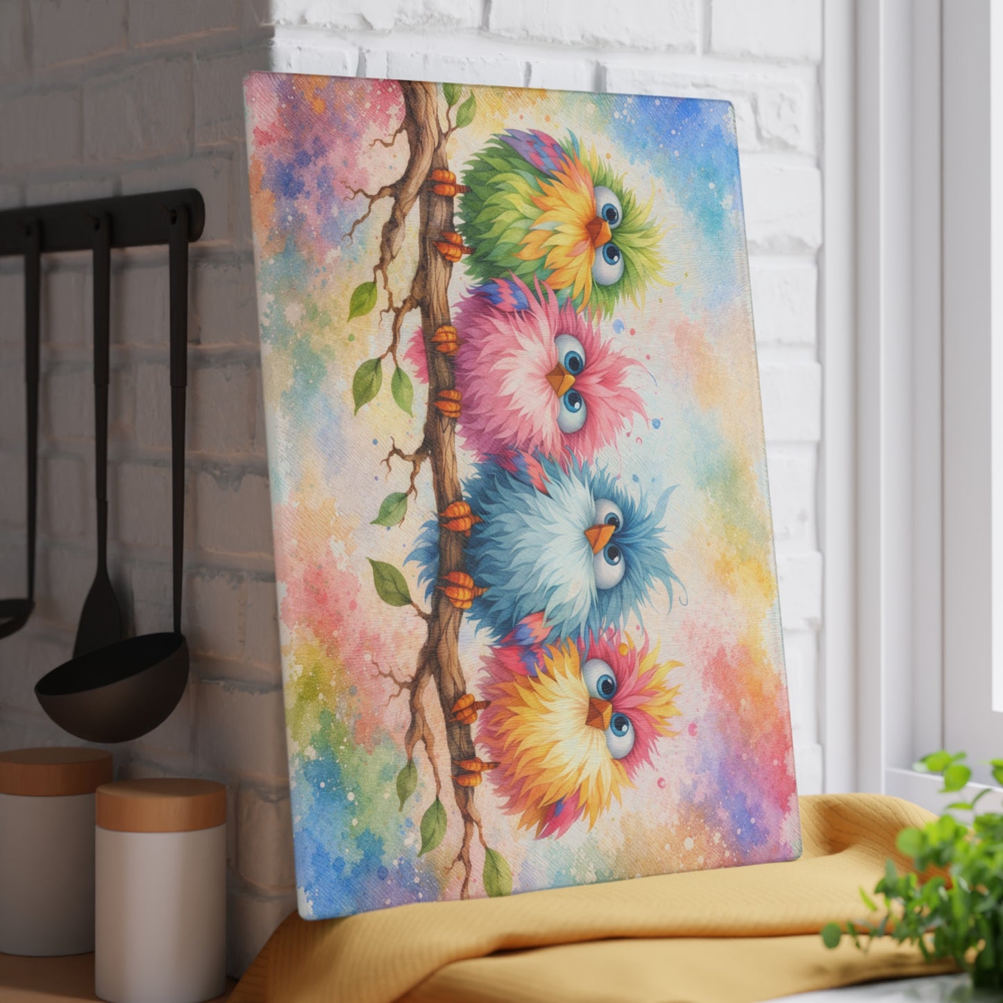 Colorful Birds on a Branch Glass Cutting Board – Whimsical Farmhouse Kitchen Decor with Bright Watercolor Style