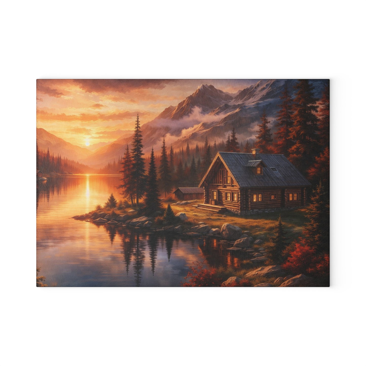 Mountain Cabin Sunset Glass Cutting Board – Rustic Lake Lodge Kitchen Art