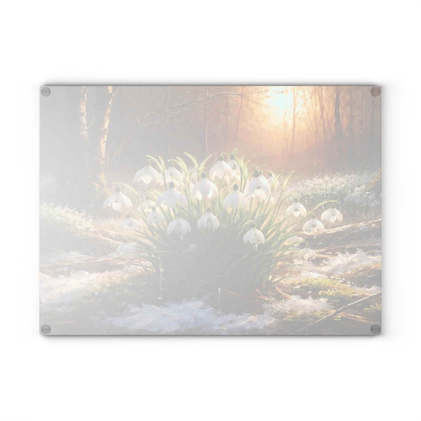 Snowdrops in Winter Forest Glass Cutting Board – Early Spring Botanical Nature Art