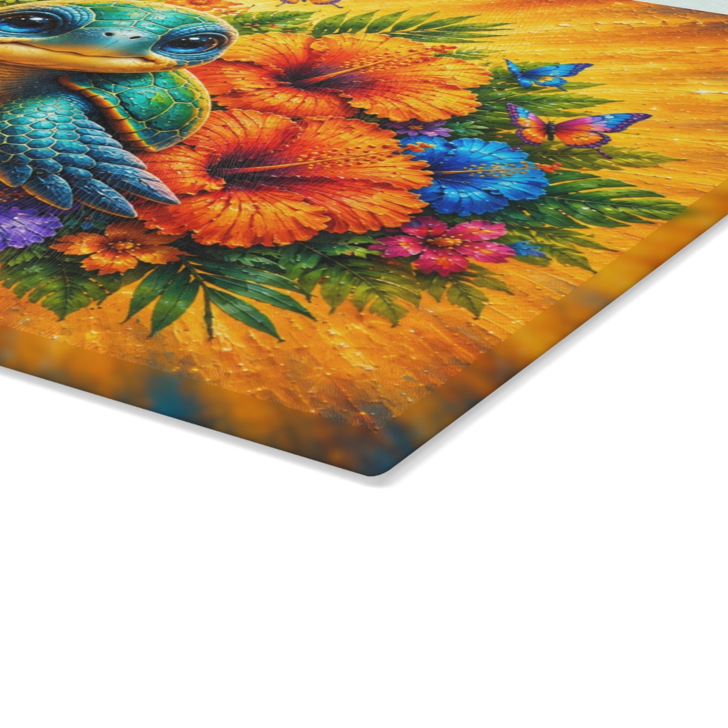 Baby Sea Turtle & Tropical Hibiscus Glass Cutting Board – Colorful Coastal Beach Kitchen Decor