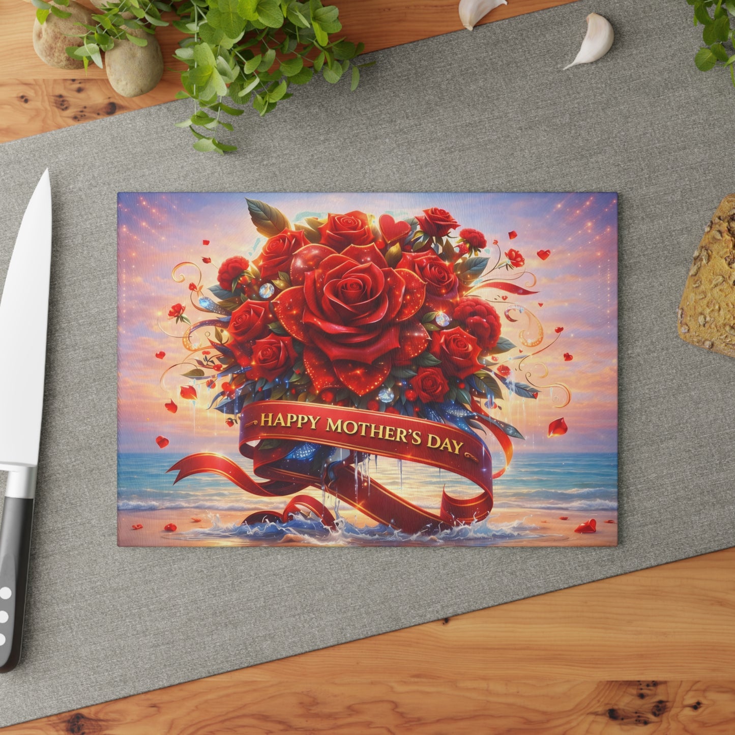 Happy Mothers Day Beach-Themed Glass Cutting Board – "Happy Mother’s Day" Ribbon with Roses, Glass cutting board, beach decor, coastal kitchen, Charcuterie Board, Custom cutting board, Flowers