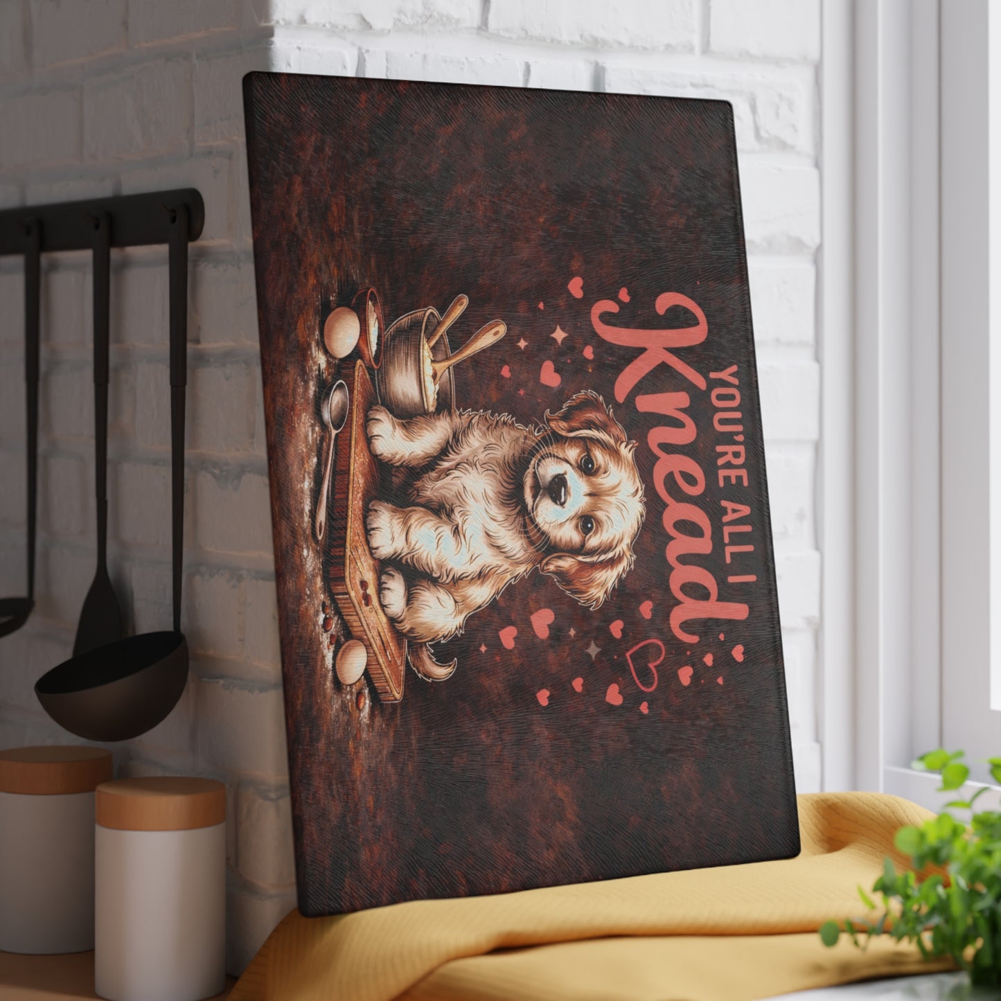 You’re All I Knead Puppy Glass Cutting Board – Cute Baking Dog Design with Heartfelt Humor