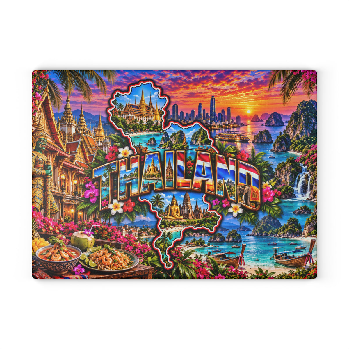 Thailand Map Cutting Board – Colorful Thai Temples, Tropical Islands, Golden Buddha, Waterfalls & Scenic Kitchen Décor