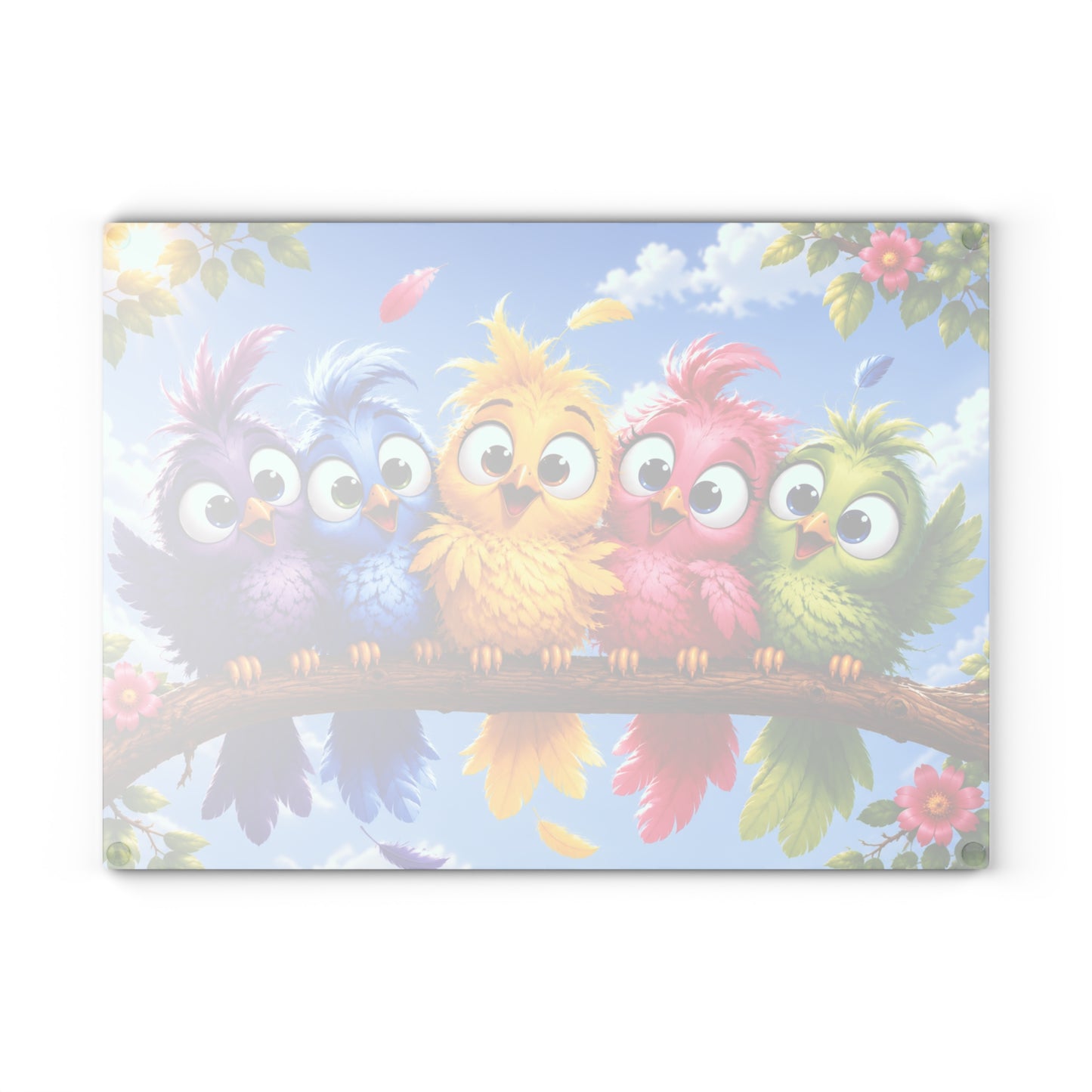 Colorful Baby Birds Glass Cutting Board – Whimsical Kitchen Decor with Cute Rainbow Bird Design
