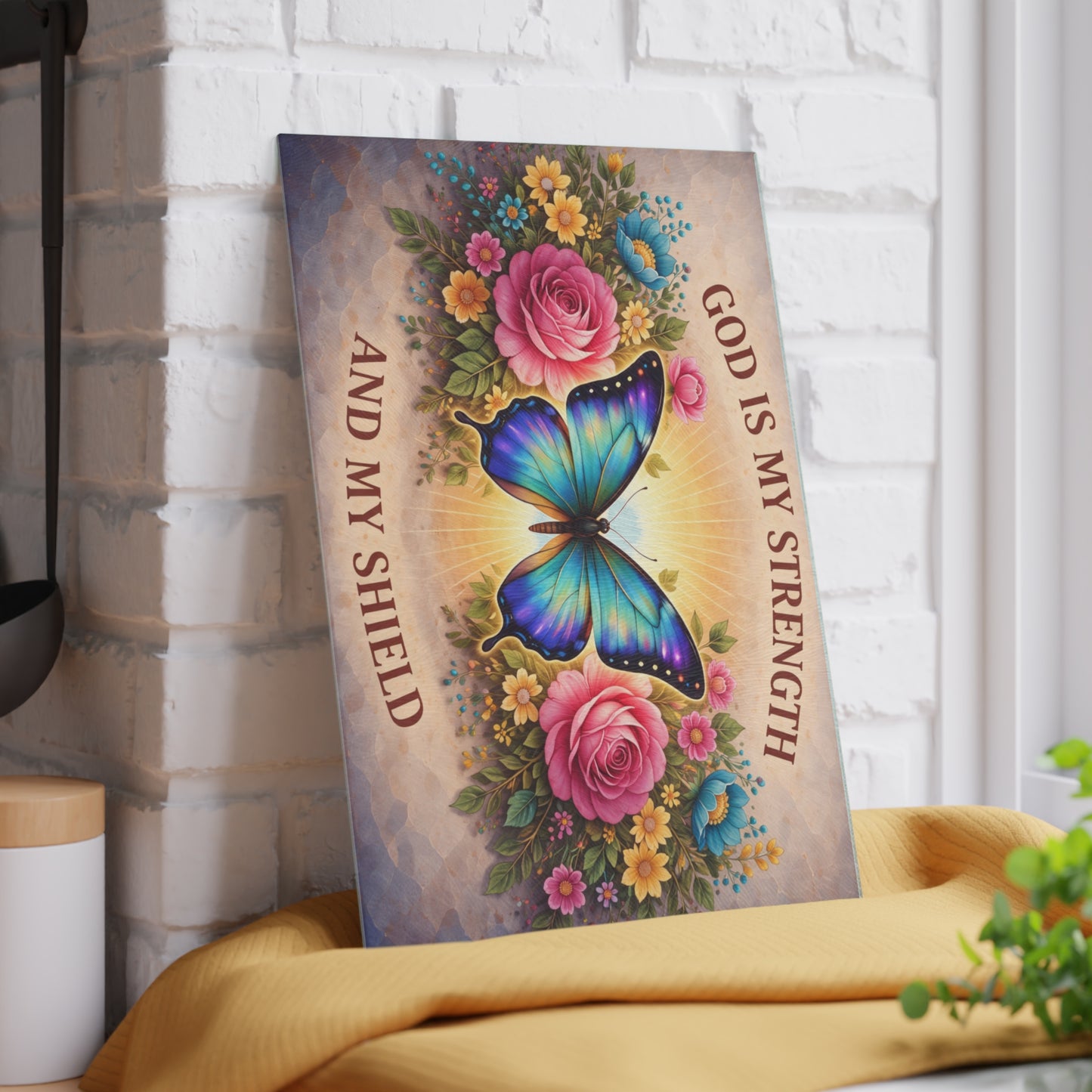 God Is My Strength Glass Cutting Board – Faith Butterfly Floral Christian Kitchen Display