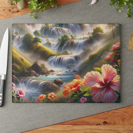Tabla de cortar de vidrio Cascading Dreams: un paisaje floral encantado para amantes de la naturaleza