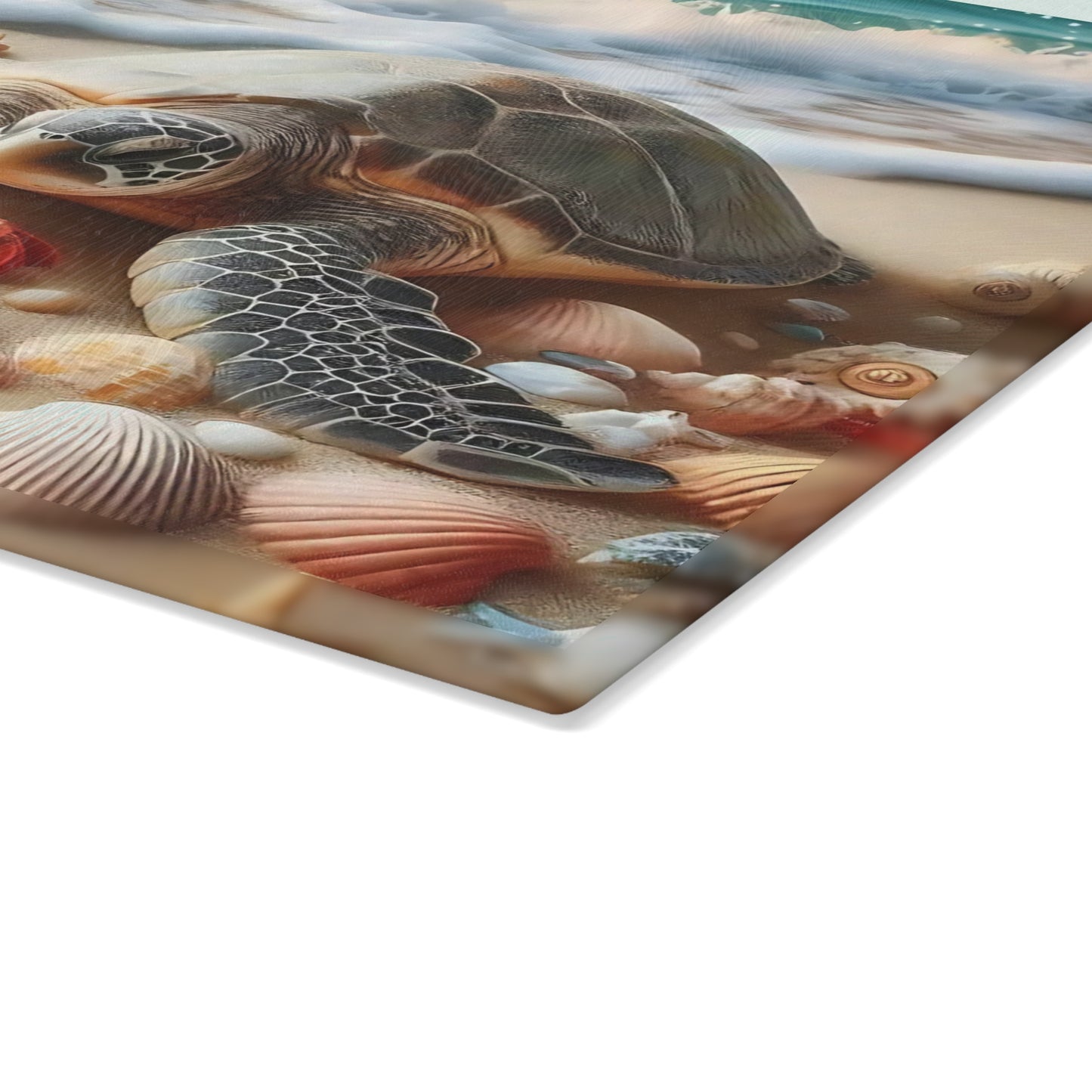 Tabla de cortar de vidrio costera con diseño de tortuga marina y conchas: arte inspirado en el océano para cocinas de playa