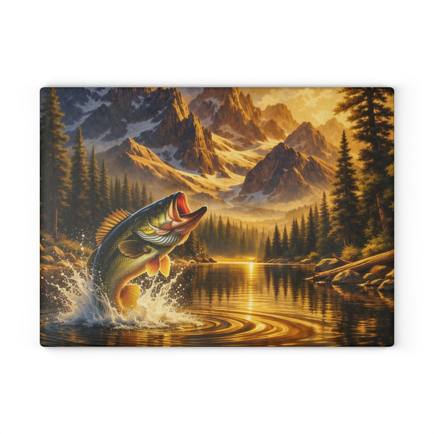Golden Mountain Bass Glass Cutting Board – Rustic Fishing Lake Landscape Kitchen Art