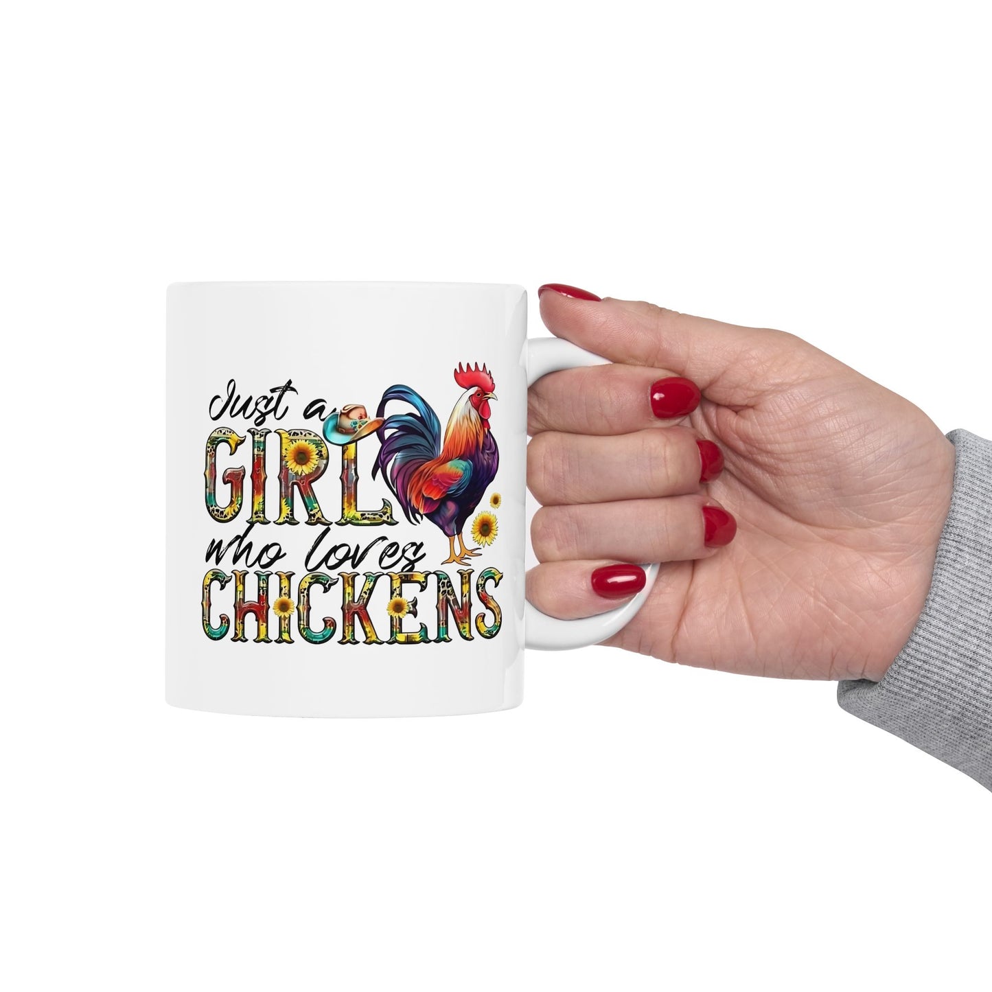 🐔💛 JUST A GIRL WHO LOVES CHICKENS – Cute Cowgirl Chicken Mug (11oz & 15oz)