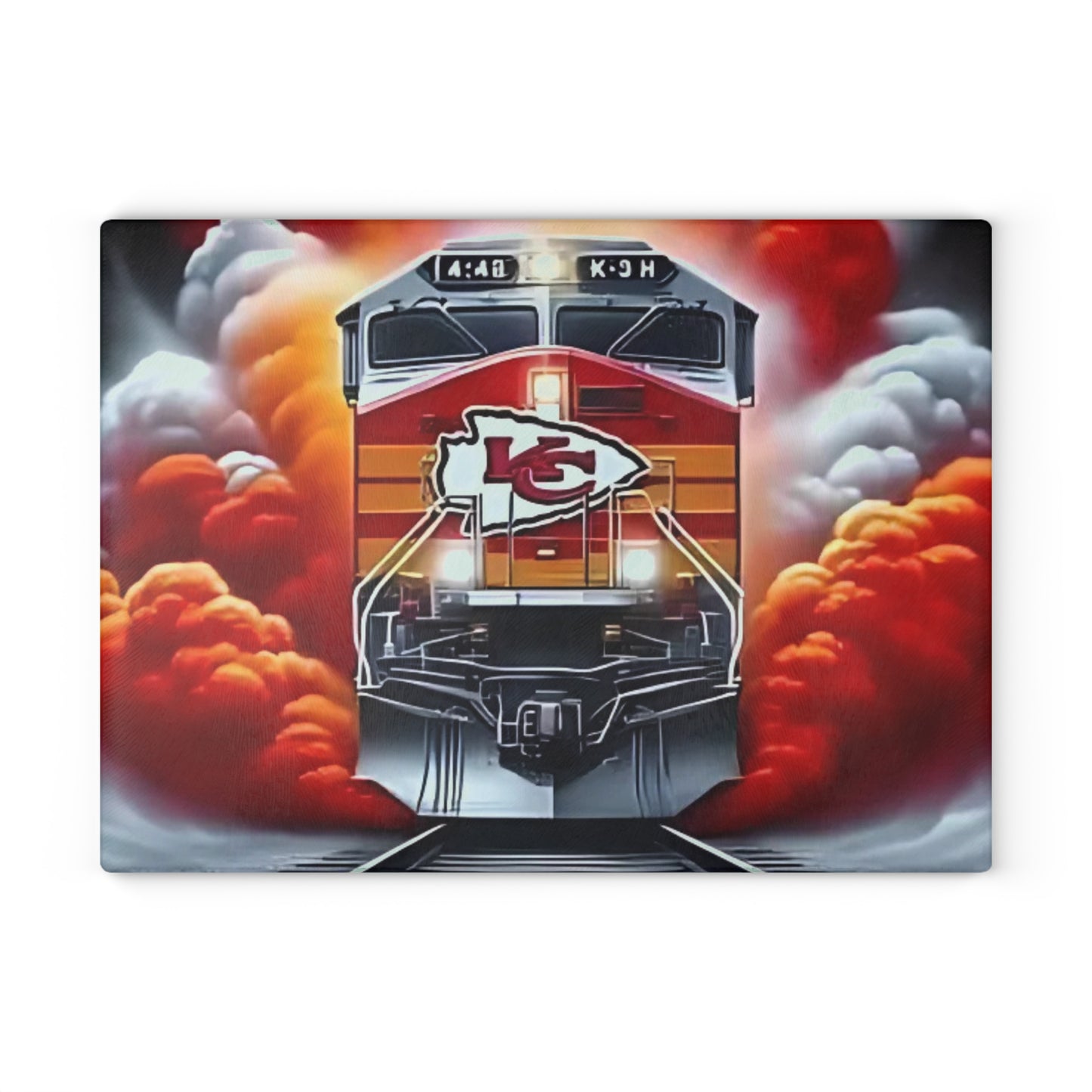 Tabla de cortar de vidrio Express roja y dorada: exhibición de cocina con un llamativo diseño de tren