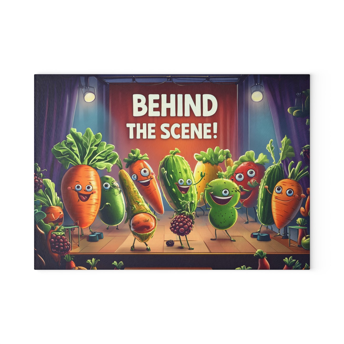 Tabla de cortar de vidrio "¡Detrás de escena!" - Decoración de cocina cómica con verduras danzantes 🌟🍅