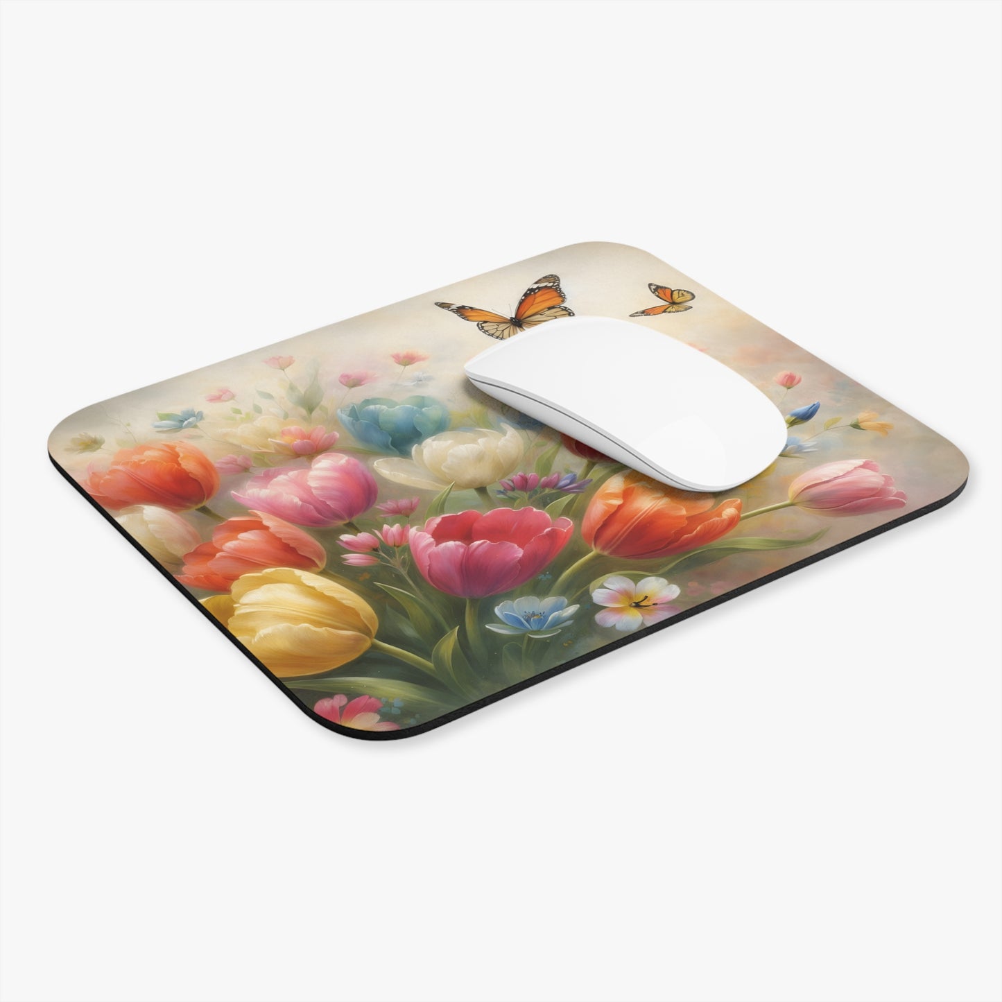 Butterfly & Tulip Floral Mouse Pad – Elegant Spring Garden Desk Accessory