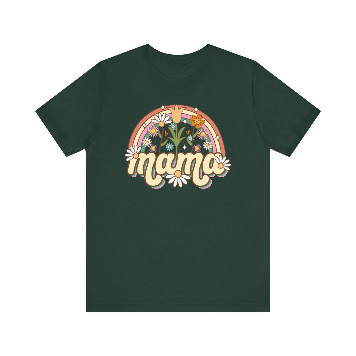 🌼🌈 Retro Floral Mama T-Shirt – Boho Rainbow Graphic Tee for Moms 🌻✨