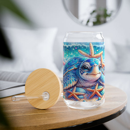 Vaso para sorbos con diseño de tortuga marina con brillo playero: una belleza costera para sorbos de verano.