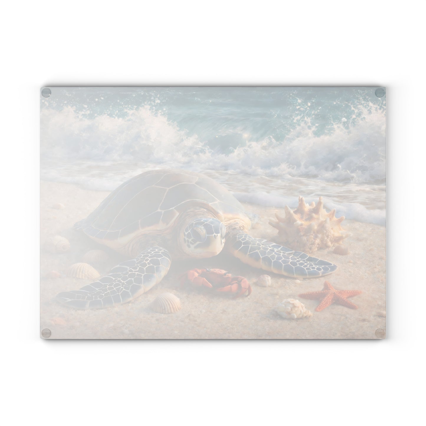 Sea Turtle Shoreline Glass Cutting Board – Coastal Beach Scene with Gentle Ocean Waves