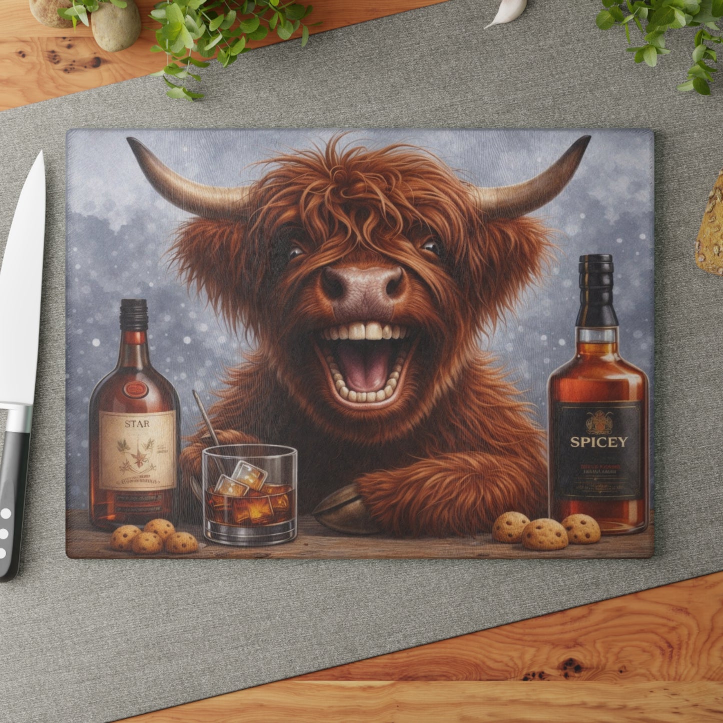 Laughing Highland Cow Bar Glass Cutting Board – Playful Farm Humor Art with Cozy Pub Style