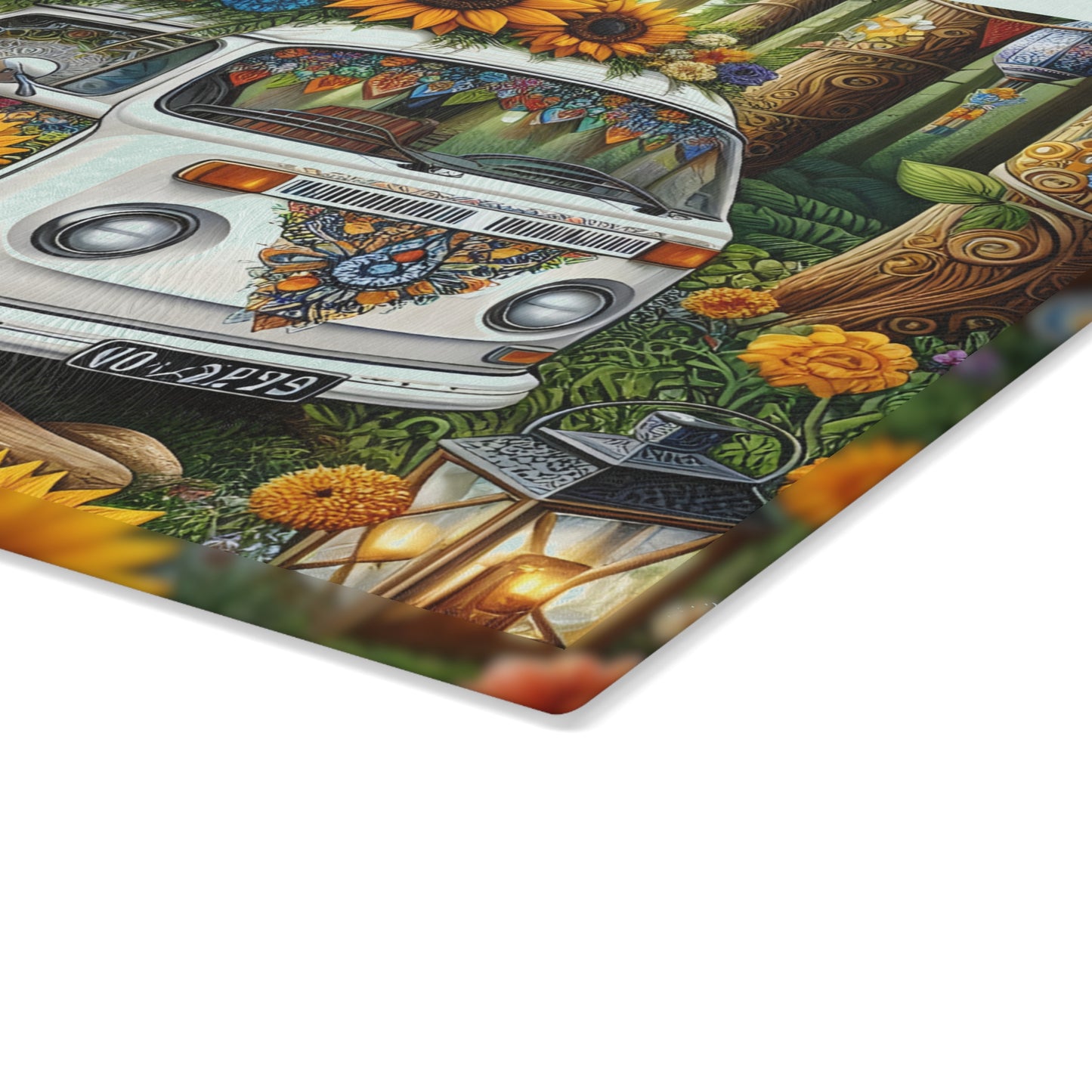 🌻 Boho Sunflower Van Cutting Board – Retro Vibes for Your Kitchen 🌼