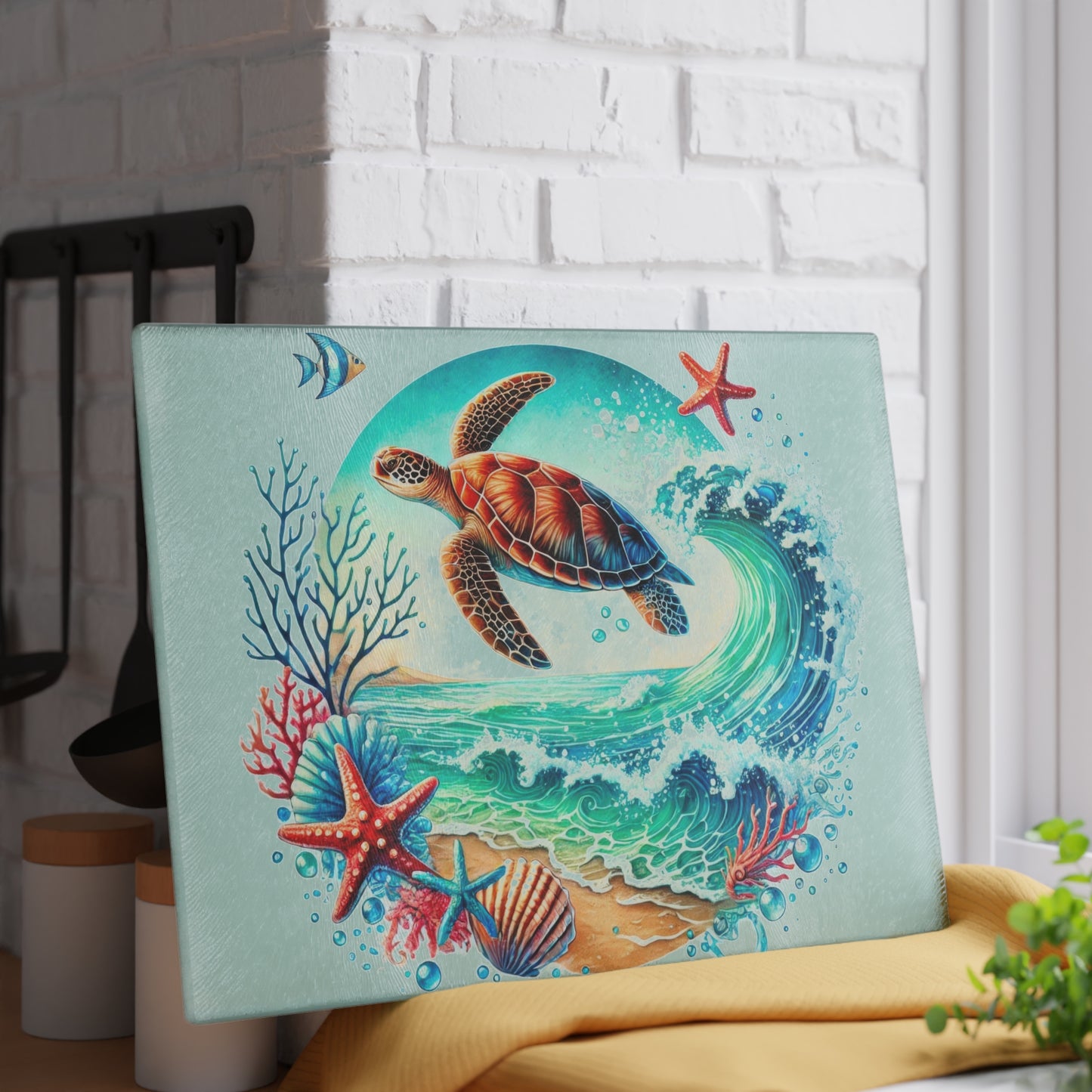 Tabla de cortar con diseño de tortuga y olas del océano: un toque de serenidad y estilo costero