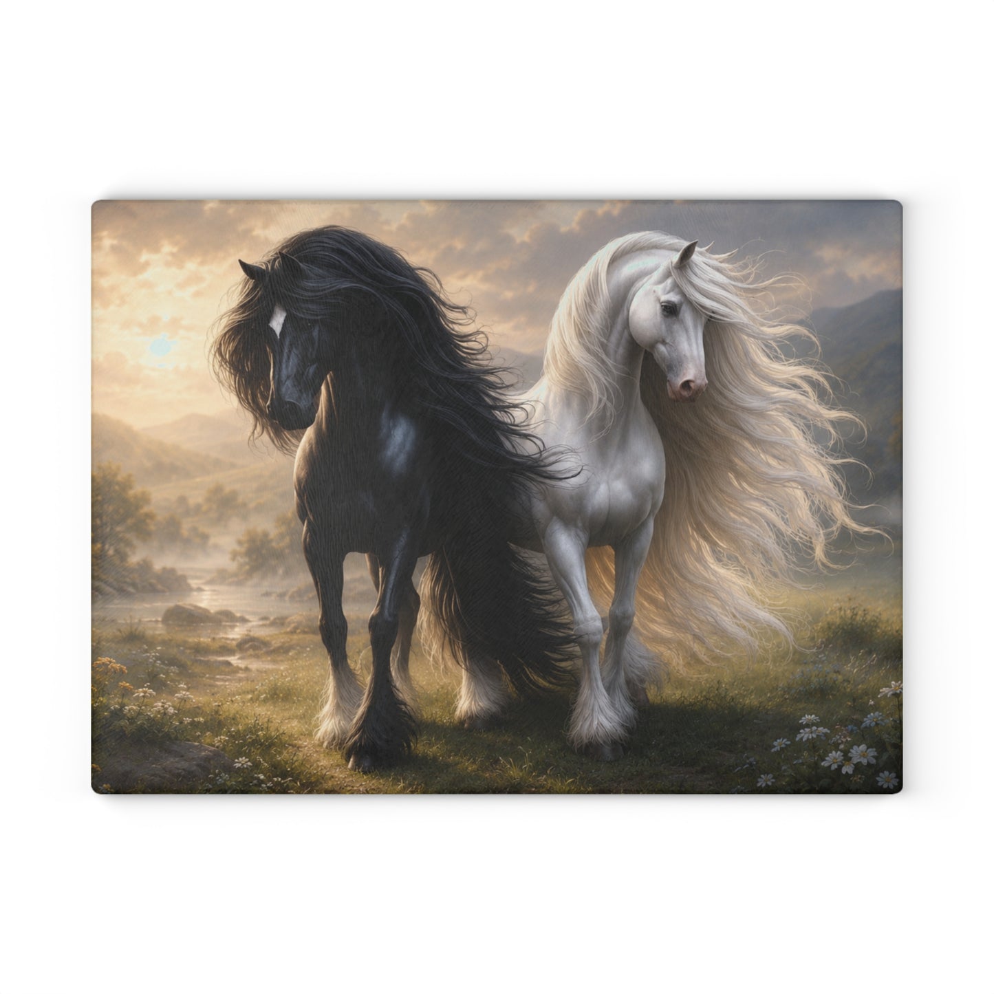 Majestic Black & White Horses Glass Cutting Board – Elegant Horse Kitchen Decor, Nature Lover Gift