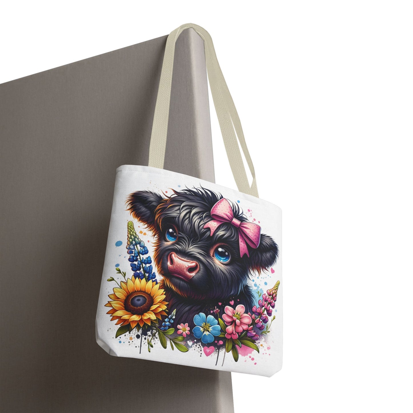 🌸 Black Highland Calf Floral Tote Bag – Sweet Style for Every Age 🐮👜