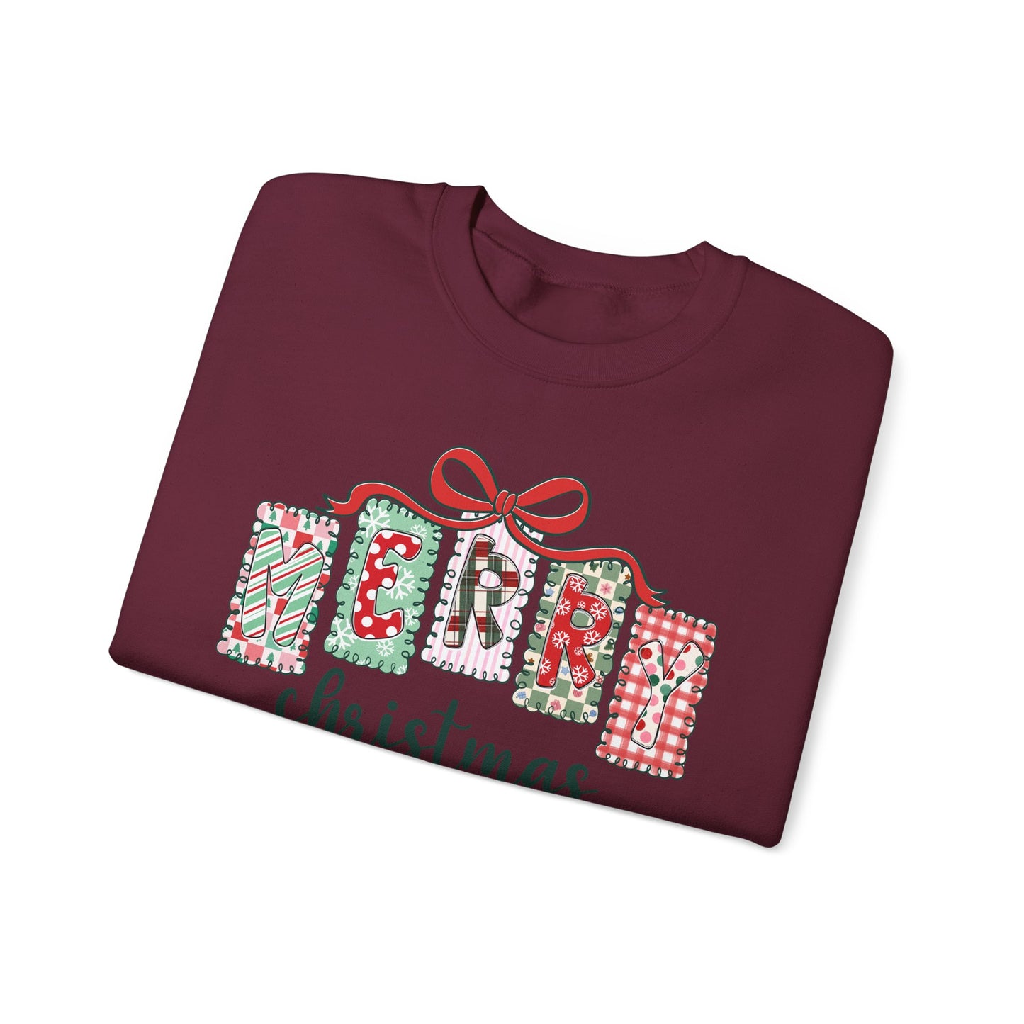 🎀✨ Merry Christmas Sweatshirt – Cozy Patchwork Holiday Crewneck