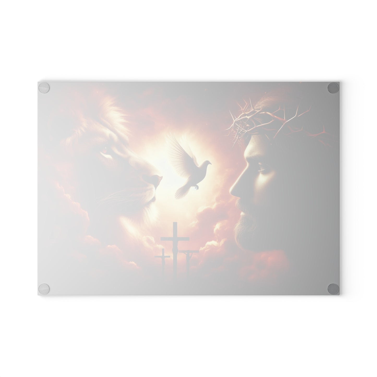 Sacred Light Glass Cutting Board – Faith-Inspired Lion, Dove & Cross Artwork Kitchen Display