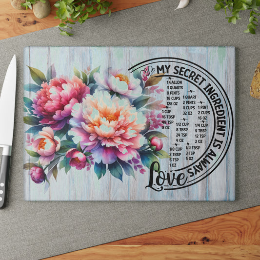 Tabla de cortar de vidrio «Mi ingrediente secreto siempre es el amor» – Tabla de conversión de cocina floral 🌿🍽️