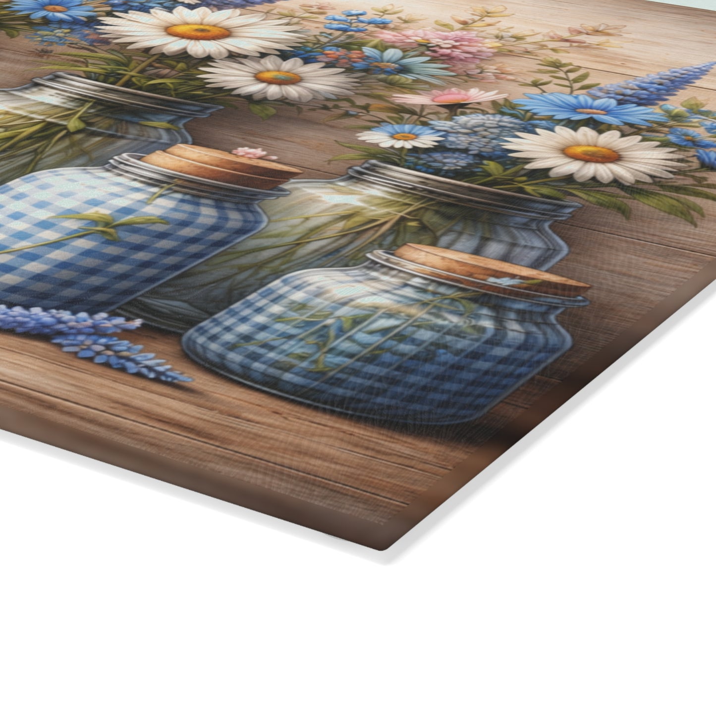 Blue Gingham Wildflower Mason Jar Glass Cutting Board – Rustic Farmhouse Kitchen Decor