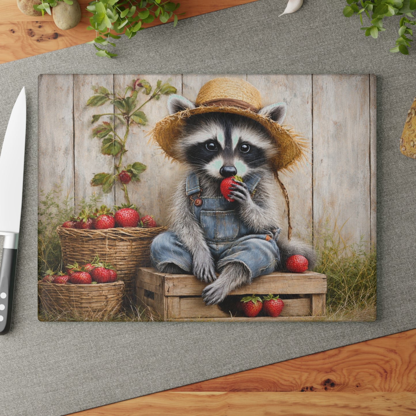 Strawberry Raccoon Farmhouse Glass Cutting Board – Cute Country Kitchen Decor
