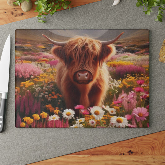 🐮 Highland Cow in a Field of Flowers – Rustic Floral Glass Cutting Board