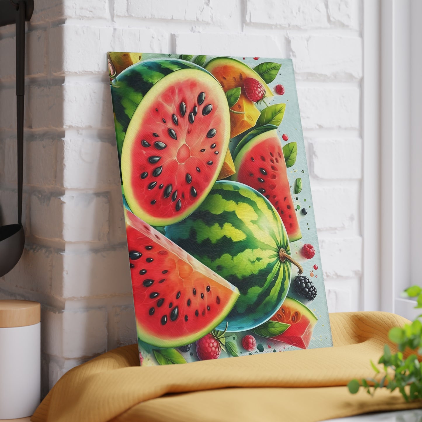 Tabla de cortar de vidrio con sandía jugosa: un dulce ambiente de cocina de verano