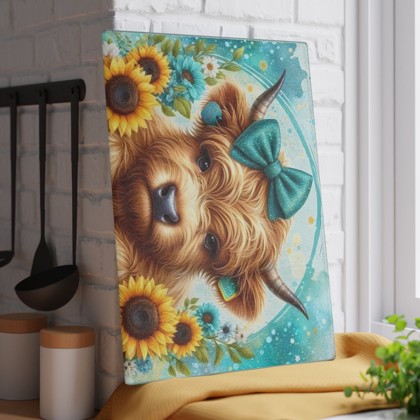 Tabla de cortar de vidrio con diseño de vaca de las Tierras Altas, lazo y girasoles