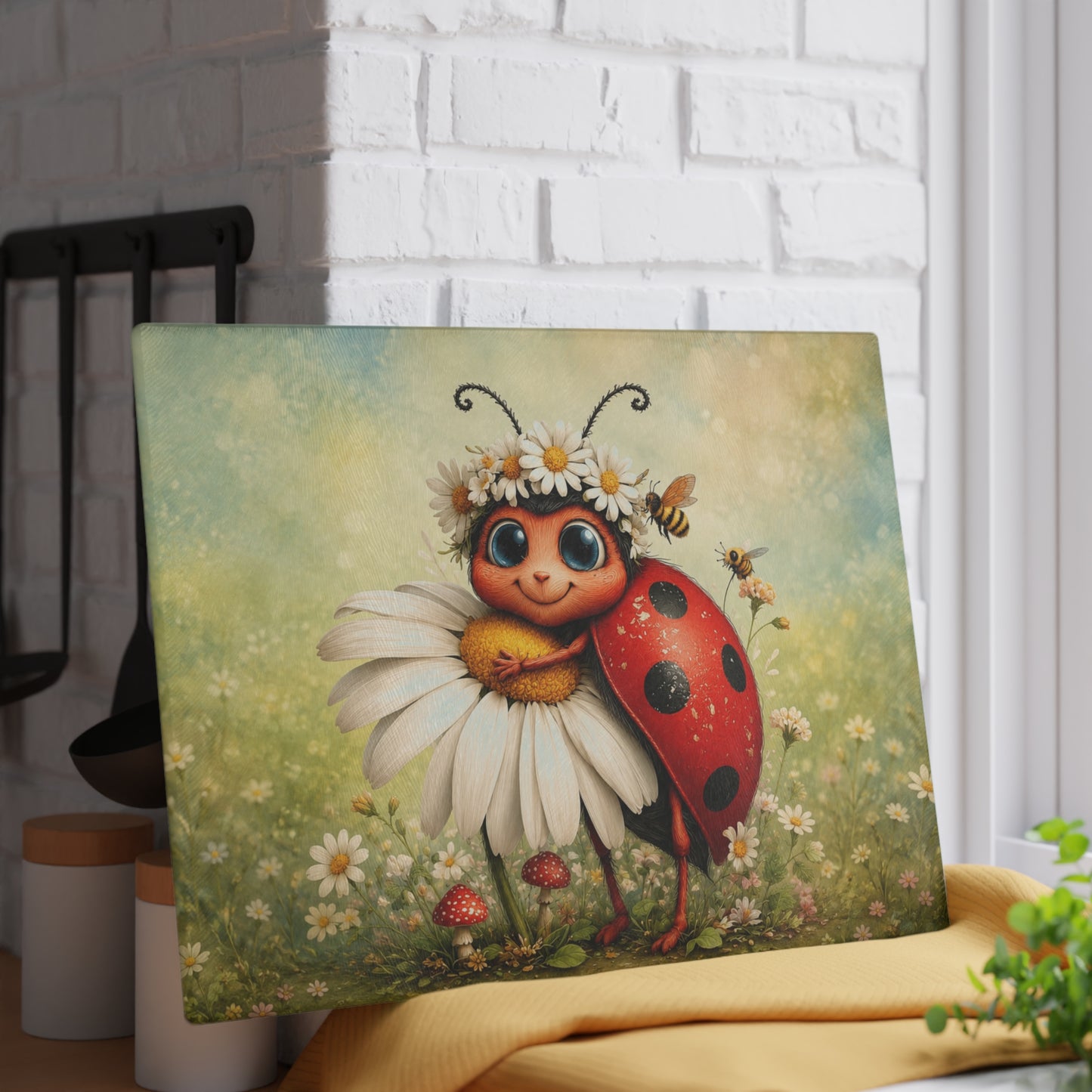 Ladybug Hugging Daisy Glass Cutting Board – Adorable Garden Artwork with Whimsical Spring Charm