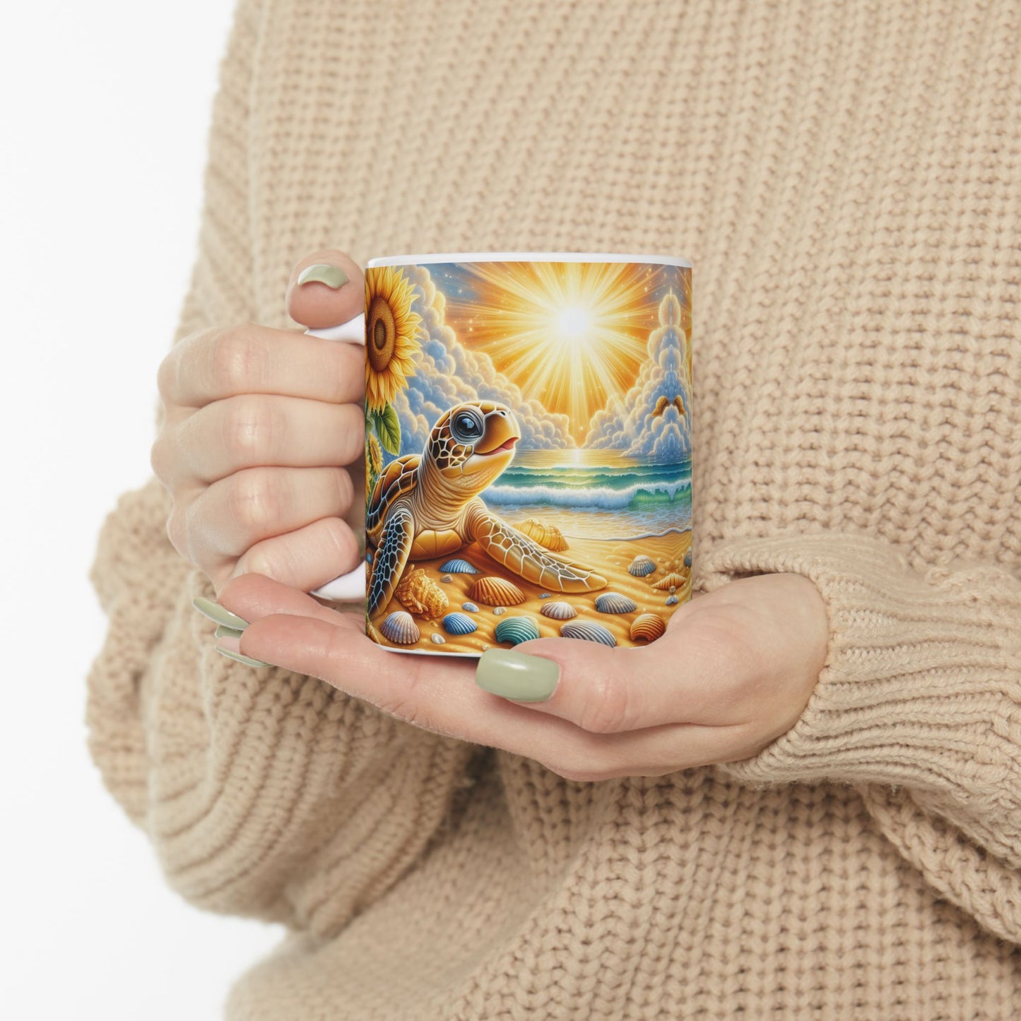 🌻🐢 Personalized Sunflower & Sea Turtle Mug – Coastal Sunshine Coffee Cup 🌊☕