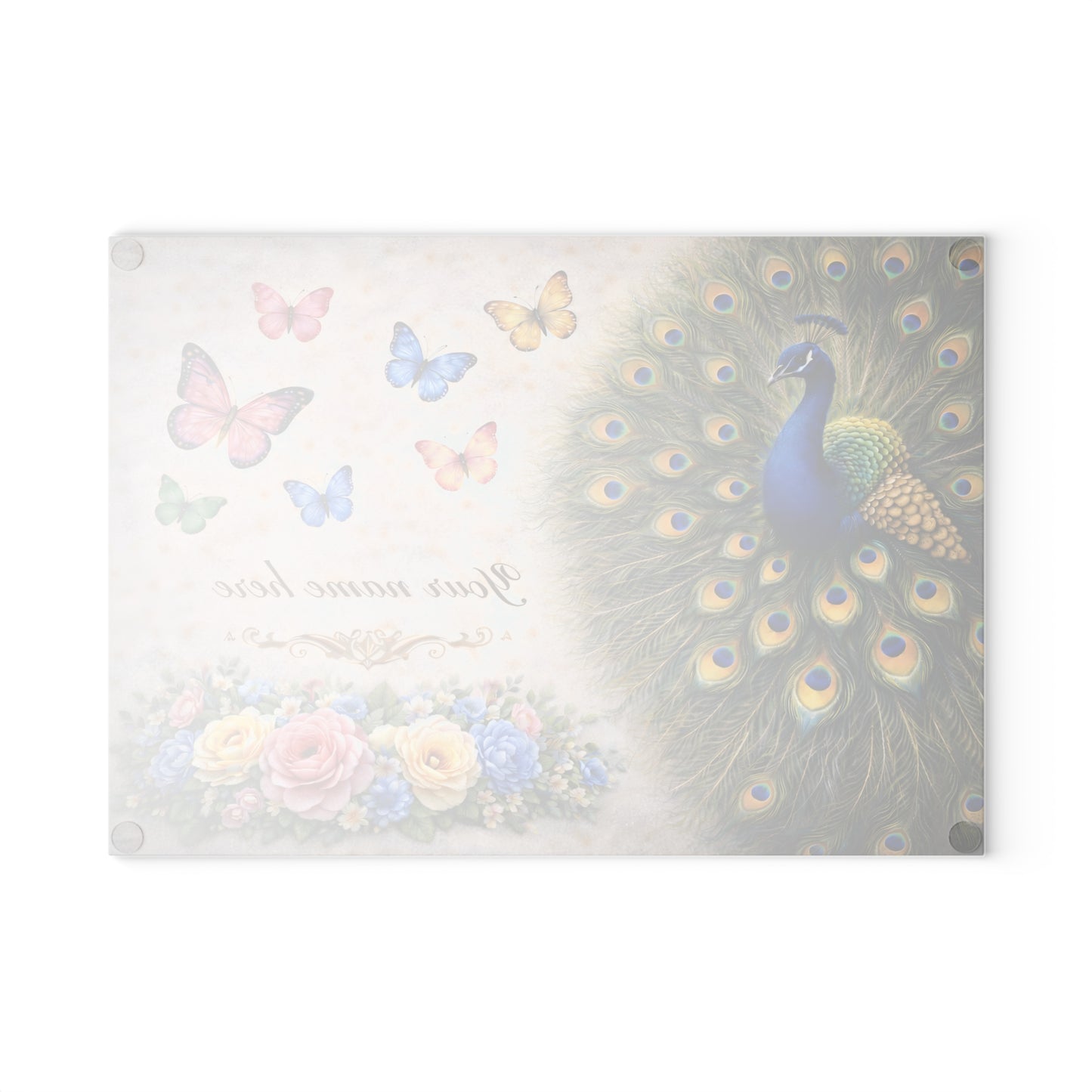 Personalized Peacock Glass Cutting Board – Elegant Butterfly & Floral Kitchen Display