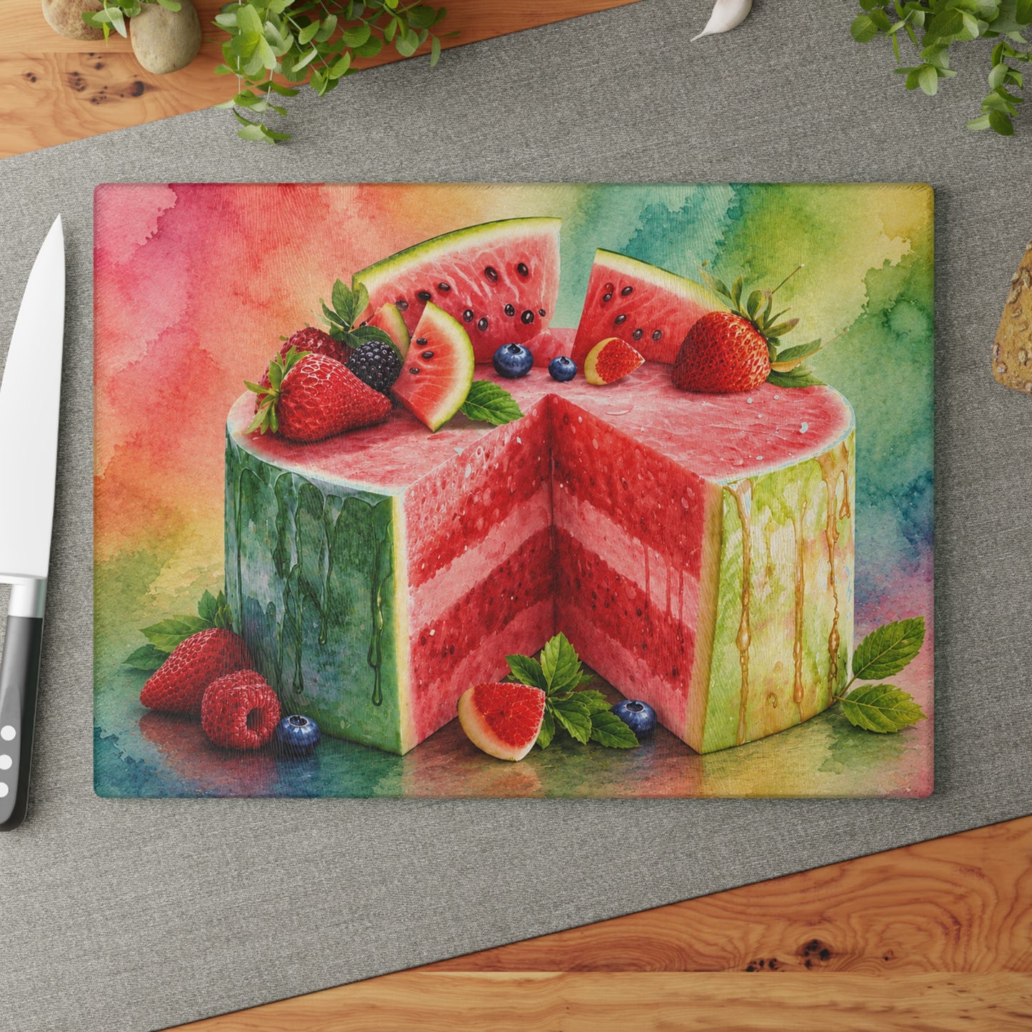 Watermelon Berry Delight Glass Cutting Board – Colorful Summer Kitchen Decor