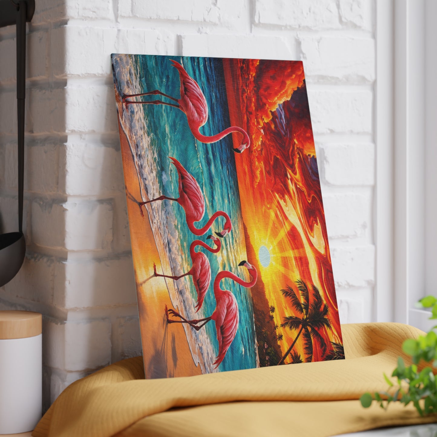 Vibrant Flamingo Sunset Glass Cutting Board – Tropical Coastal Kitchen Decor