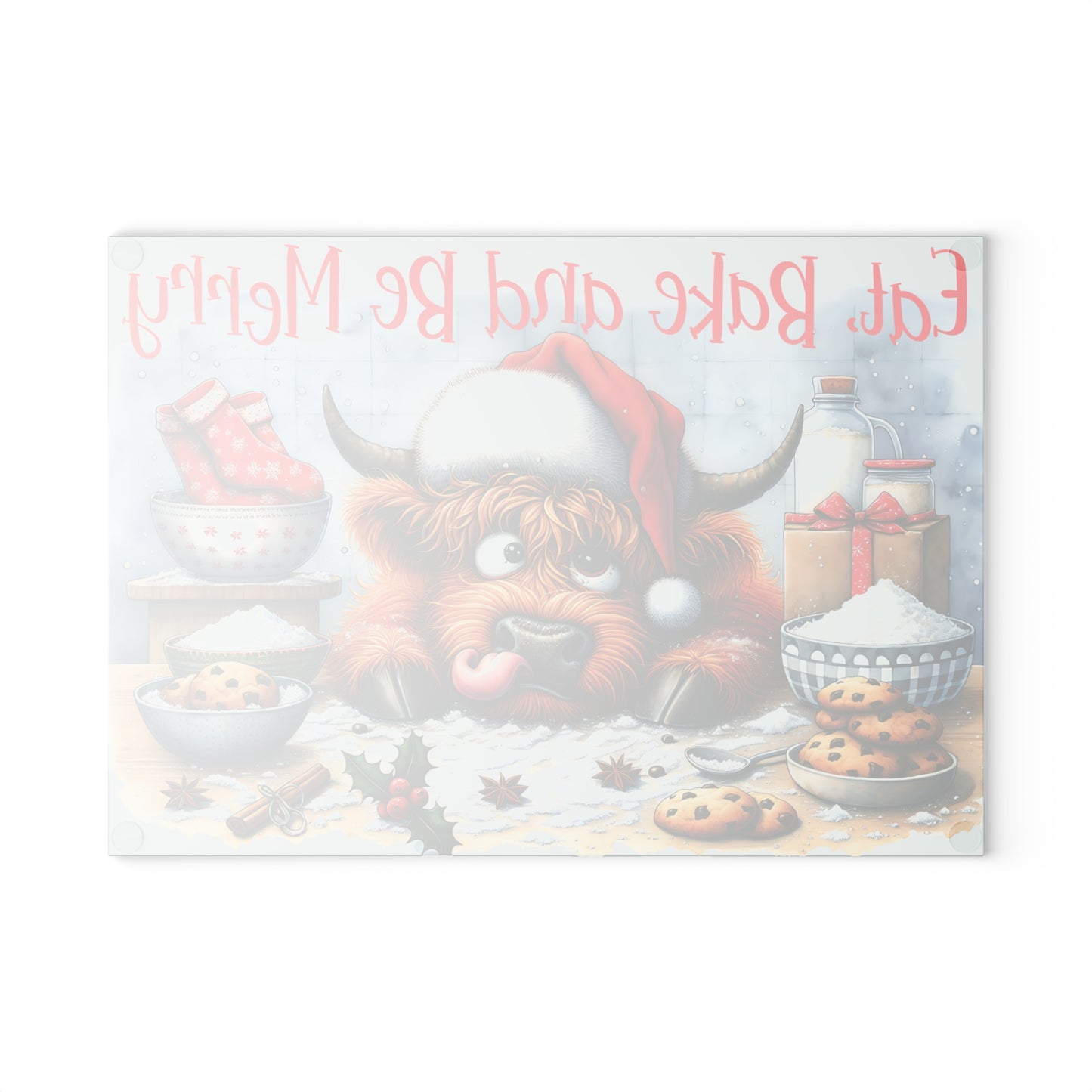 Eat, Bake and Be Merry Highland Cow Cutting Board – Festive Christmas Kitchen Cheer