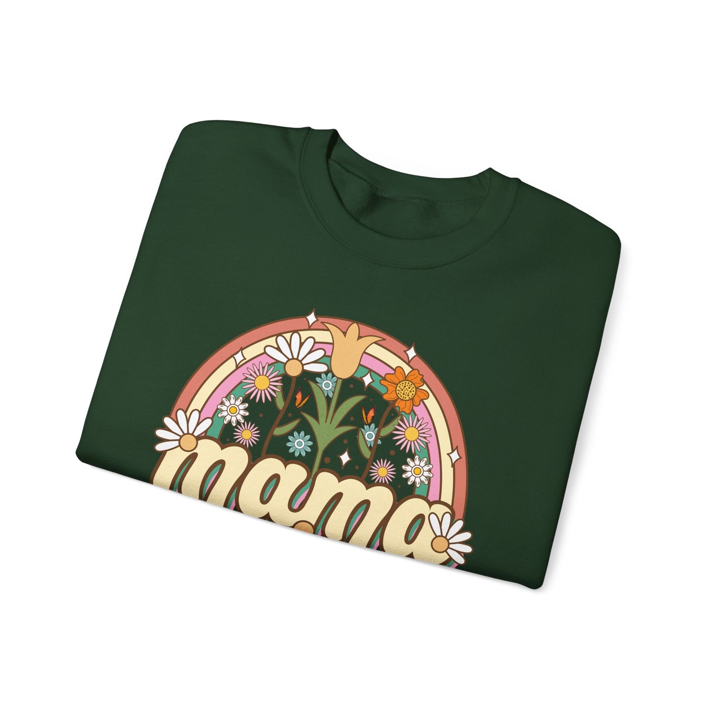 🌼🌈 Retro Floral Mama Sweatshirt – Vintage Rainbow Daisy Mom Crewneck