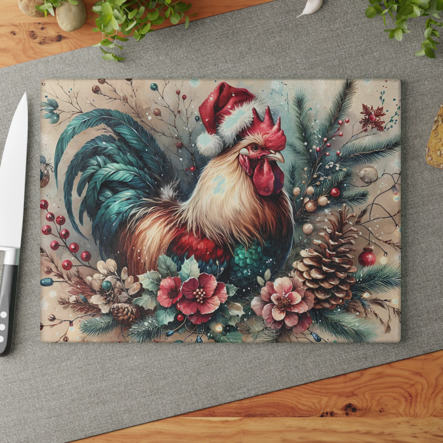🐓🎄 “Holiday Rooster” Tempered Glass Board – Festive Farmhouse Cheer for Your Kitchen