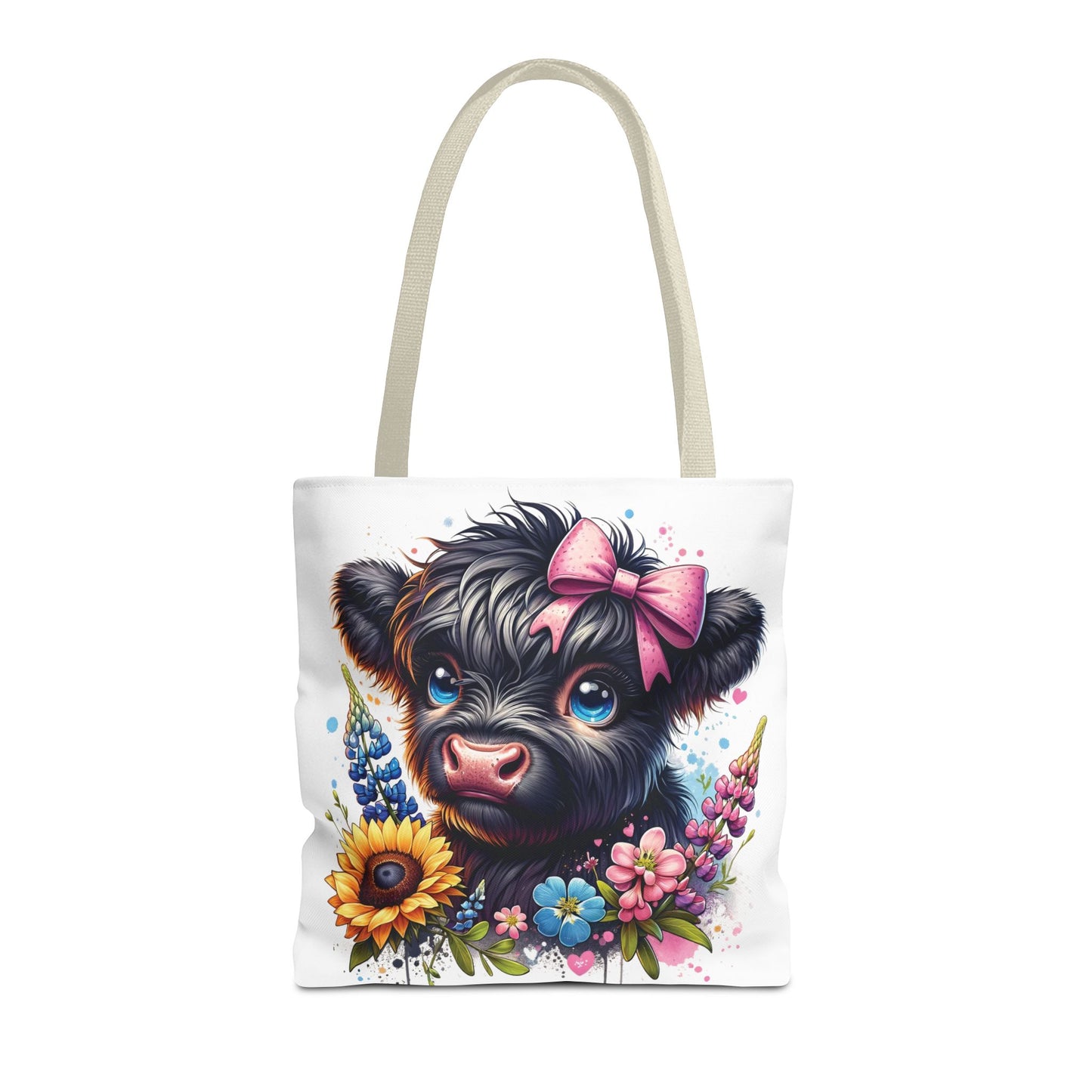 🌸 Black Highland Calf Floral Tote Bag – Sweet Style for Every Age 🐮👜
