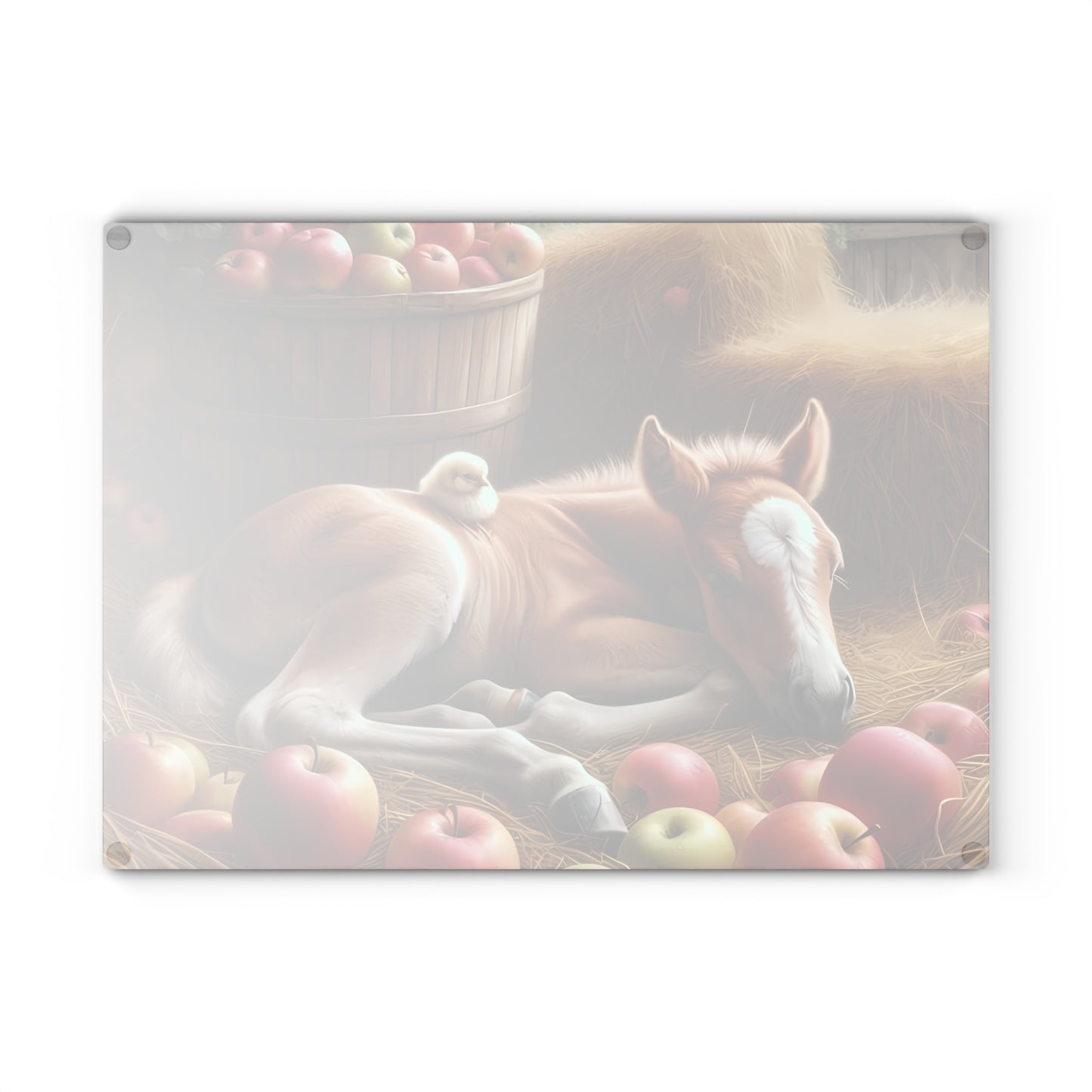 Tabla de cortar - Diseño de potro y pollito con manzanas, regalo único, tabla de cortar de vidrio, tabla de charcutería, tabla de cortar personalizada