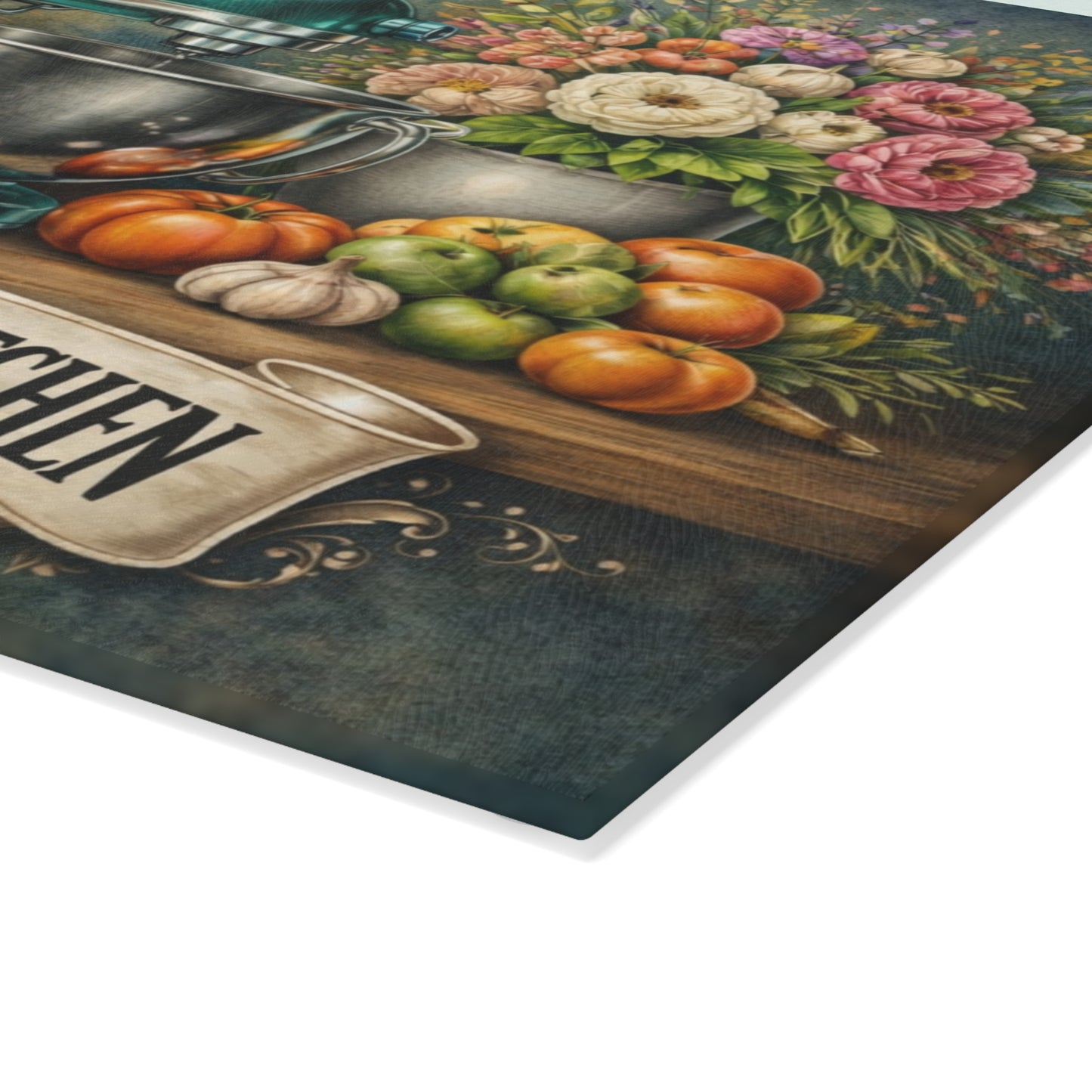 Mama’s Country Kitchen Glass Cutting Board – Farmhouse Baking Art with Vintage Mixer Charm